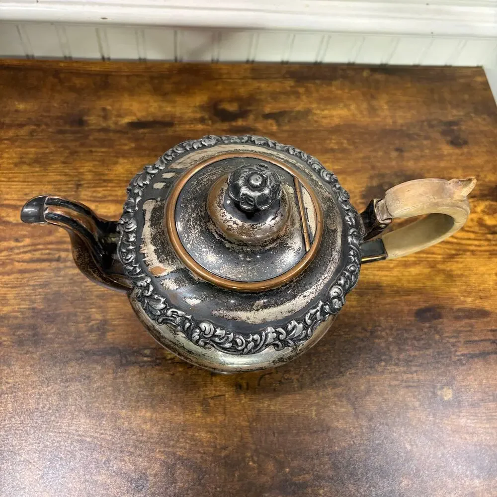Antique Footed Tea Pot‎ Silver Plated Copper with Wood Handle Patina Shabby Chic
